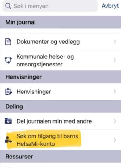 Søk om tilgang til barns konto - Klikk for stort bilde